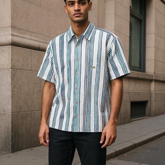 Oscar de la Renta Club Men’s Shirt Large Short Sleeve Striped Button-Down Pocket - Picture 1 of 13